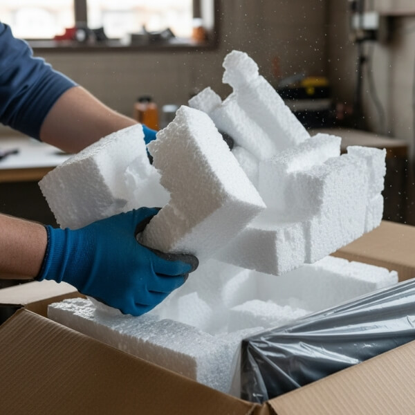 Styropor entsorgen mit Handschuhen vor Karton